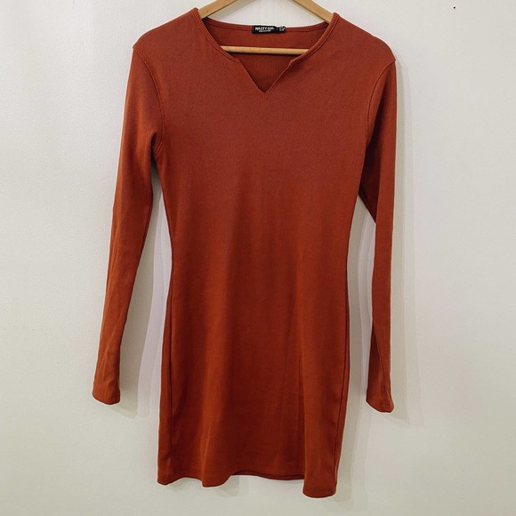 Rust Ribbed Long Sleeve BodyCon Dress - Picture 3 of 11